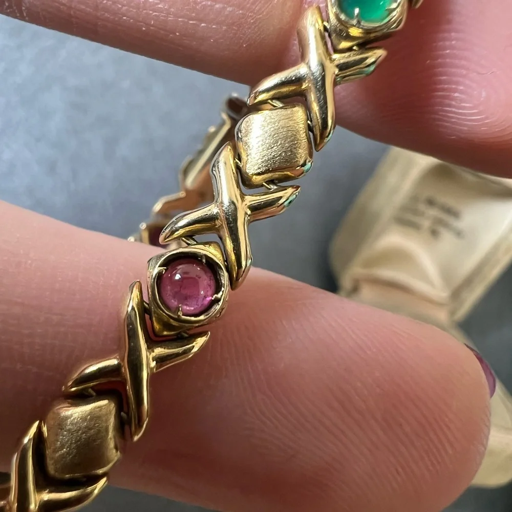 14K Gold Bracelet with Sapphires, Rubies and Emerald Cabochon Accents